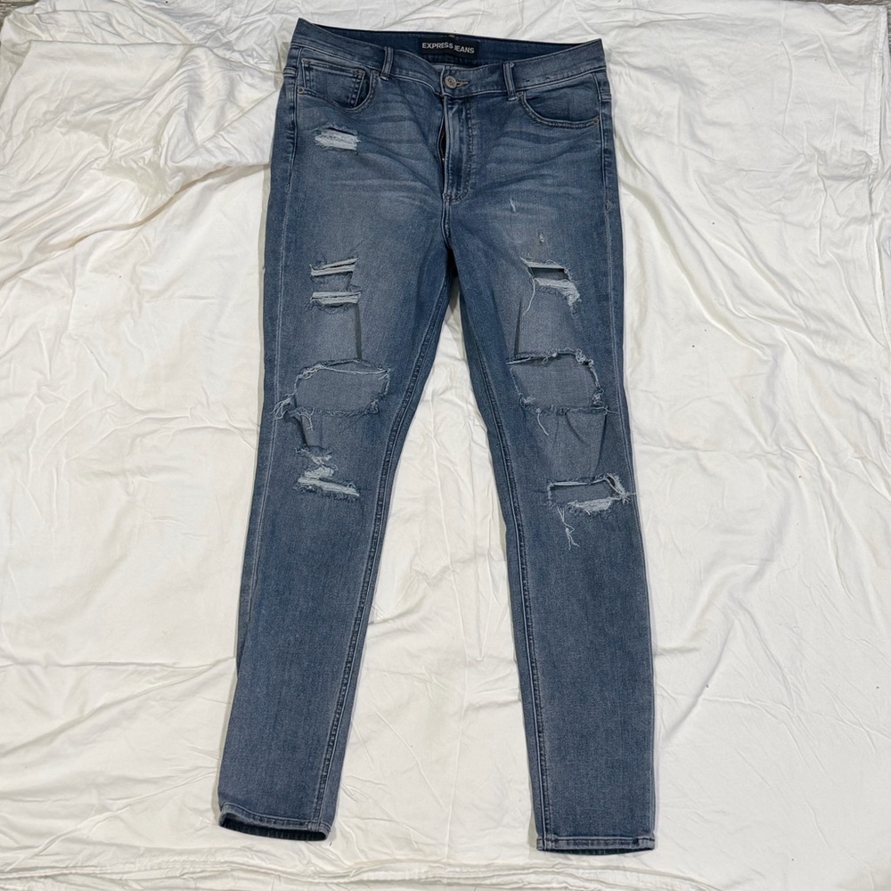 Express Women's Light Blue Ripped Skinny Jeans